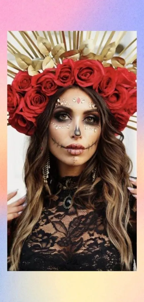 high neck lace top and red rose